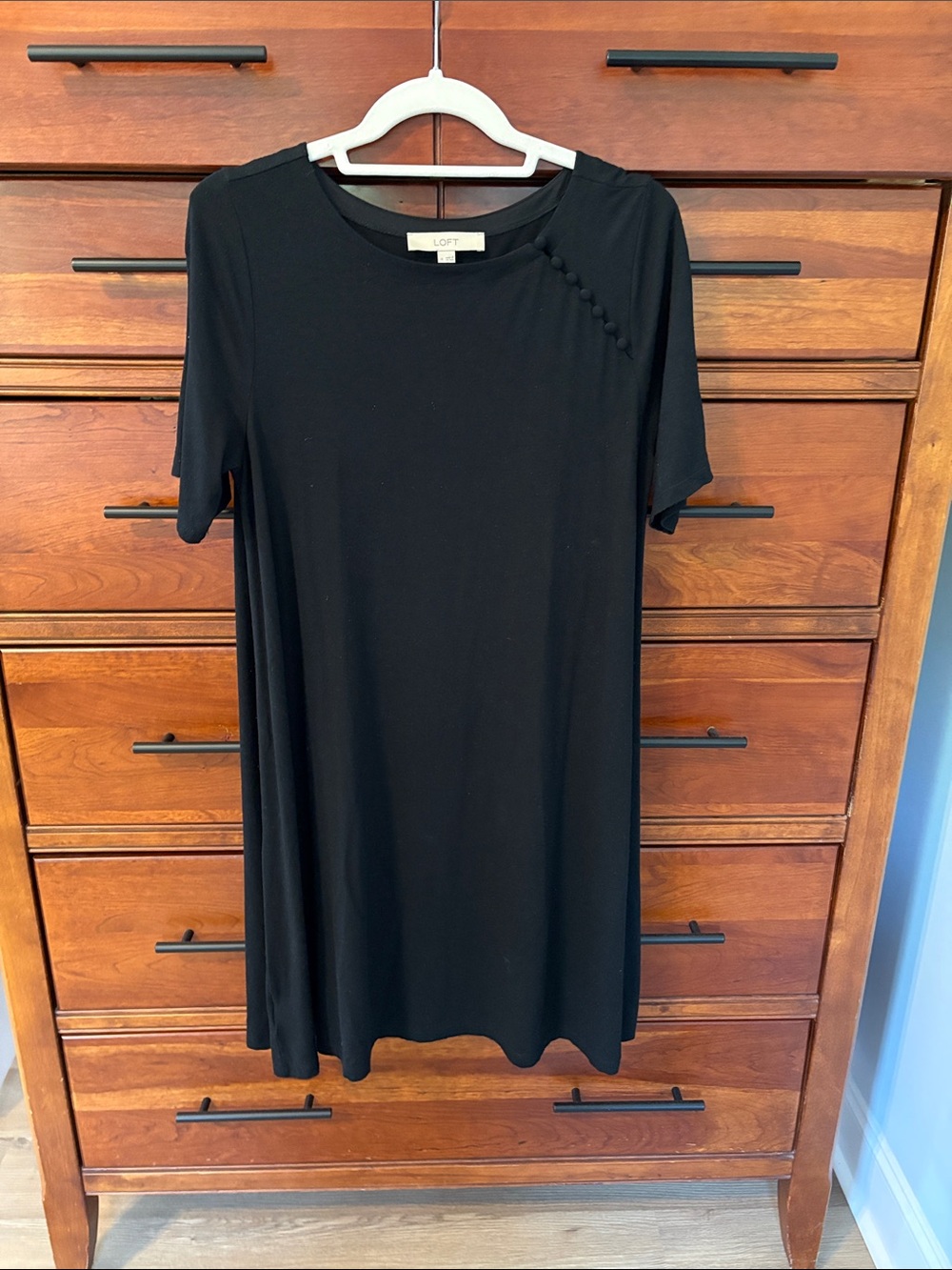 LOFT Black Short-Sleeve A-Line Dress with Button Detail